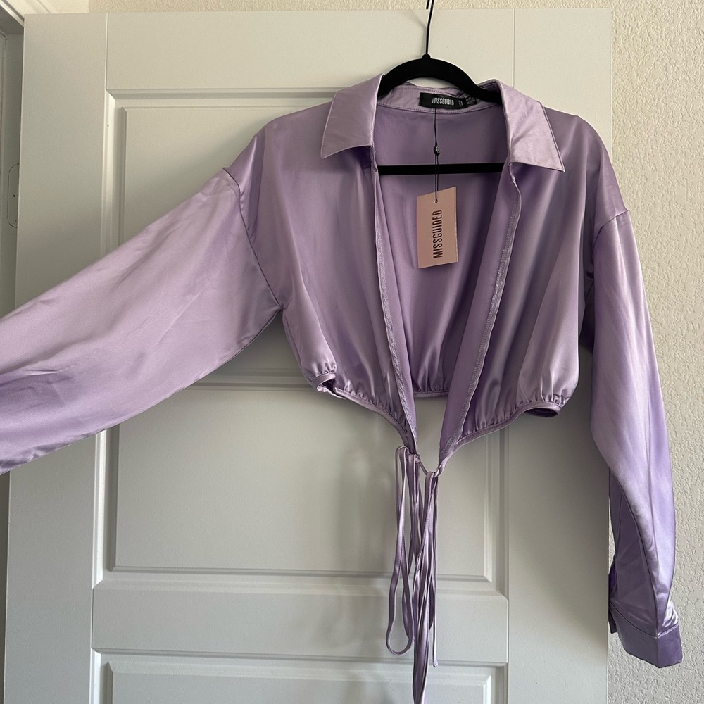 Missguided Lavender wrap front Crop shirt -Satin